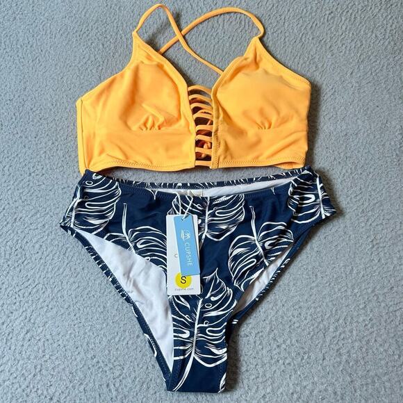 Cupshe Swimsuit‎ Womens S Orange Blue Lace Up Strappy Two Piece Bikini NEW - Picture 1 of 8